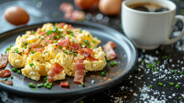 Delicious scrambled eggs and bacon breakfast on dark plate next to a cup of fresh coffee. On bistro countertop. 