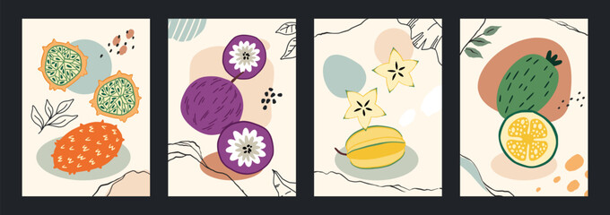 Tropical fruits. Exotic food. Fresh juicy products. Half and whole carambola. Abstract doodle shapes. Feijoa and lychee. Ripe kiwano. Palm leaves. Delicious jackfruit. Vector banners set