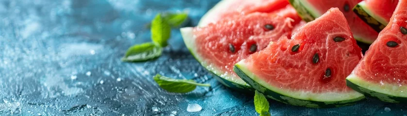 Foto op Plexiglas Ripe red watermelon slices on a blue background. © Nattanon