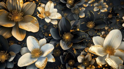 3d illustration of abstract floral background with gold and black flowers.