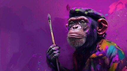 Artistic Chimpanzee with Paintbrush on Purple Background.
