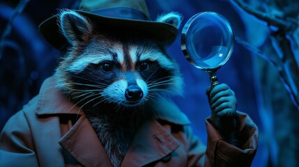 Detective Raccoon with Magnifying Glass at Night.