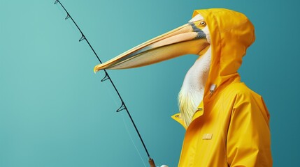 Pelican in Yellow Raincoat with Fishing Rod.