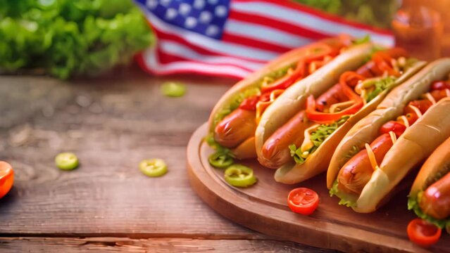 Hot dogs with condiments on wooden board. American cuisine concept. Independence Day celebration