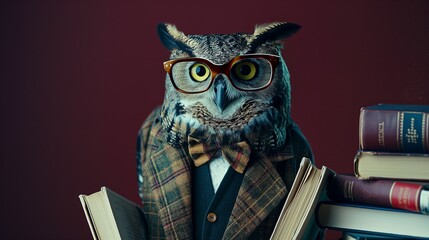  Scholarly Owl with Books and Glasses.
