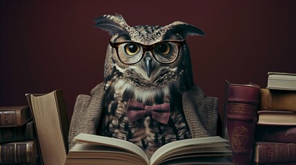 Scholarly Owl with Books and Glasses.