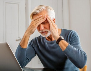 Senior man grey hair having a headache working on laptop computer at home