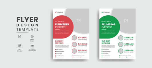 Plumbing services flyer template with professional roofing business leaflet and home repair brochure design layout