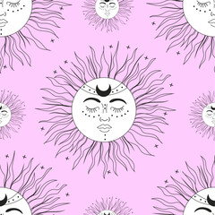 Seamless tarot sun pattern on pink isolated background. Vector symbolic tarot sun in minimalistic doodle style. For tarot cards, tarot astrological decor.