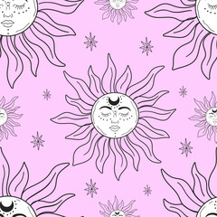 Cute astrological sun pattern with moon in forehead on pink isolated background. Vector sun in mystical art style. For tarot cards, mystical decor.
