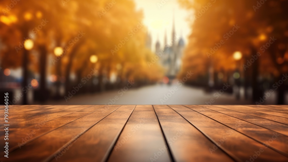 Poster the empty wooden table top with blur background of european street in autumn. exuberant image. gener