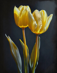 Soft Glow  Two Pastel Yellow Tulips on Charcoal