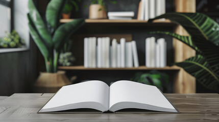 Mock-up of blank pages of an open notebook with copy-space for text place on a white wooden table with potted plants and bookshelf in a warm cozy room with a window as a background. Front view.