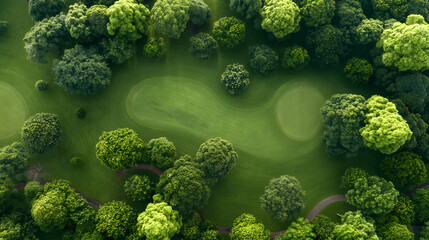 An aerial shot captures the dynamic interplay of light and shadow over a park, where the swirling patterns of mowed grass complement the lush canopies of diverse tree species. 