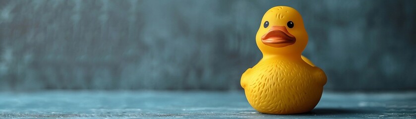A yellow rubber duck toy floats in blue bath water, ready for playful splashing