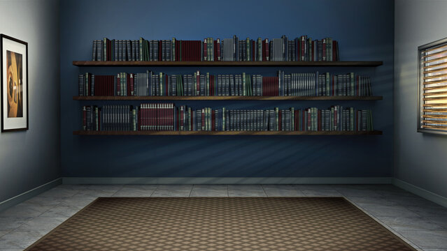 Office, virtual studio background with books. A custom 3D render backdrop, ideal for history TV shows, education online events, courses, product reviews etc. Suitable on VR sets, with green screen
