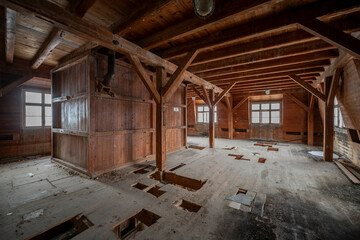 Exploration of the historic old stone mill with a spiral staircase in Southern Poland, Europe, in...