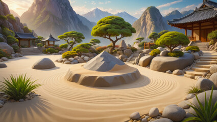 Japanese Zen garden, stones and rocks in sand, sandy circles. meditation and harmony., mountains on background. Photorealistic  landscape illustration - obrazy, fototapety, plakaty