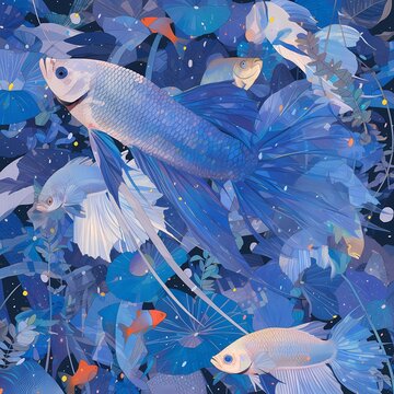 A dreamlike collection of vibrant blue betta fish gracefully swimming amidst a blooming aquatic garden. This captivating scene evokes a sense of serene beauty and natural harmony.
