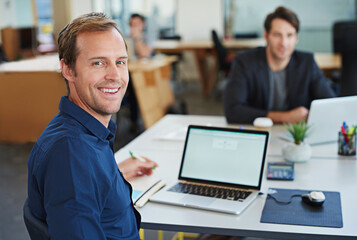 Portrait, happy man and laptop screen in office for ux design with research, creative project and smile. Agency, writing and male developer in workplace with tech for seo, info and content planning