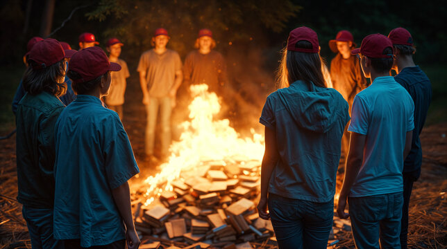 Cultish group of people wearing red caps and burning books