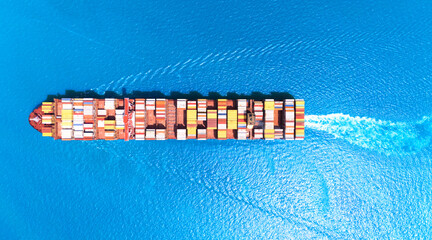 Aerial top view container cargo ship in import export business commercial trade logistic and...