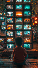 A young child sits in front of a wall of old TVs bombarded with 24-hour news cycle and entertainment