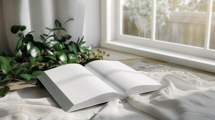 Mock-up of blank pages of an open notebook with copy-space for text place on a white blanket beside a window with plants, natural light and shadow in a cozy room.