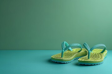 Green sandals against an open green background, free space for text