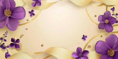 Purple Flowers and Gold Ribbons on White Background