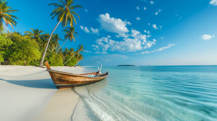 Shore in the Maldives with white sand and blue sea, ship with white sails