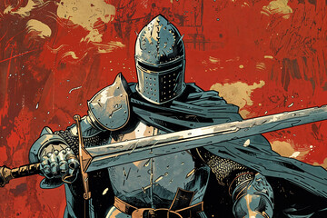 Illustration of a knight holding a large sword