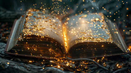 Open book has magical properties, light and sparks