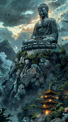 Large Buddha statue towers over moutains and valleys in comic book or graphic novel style 