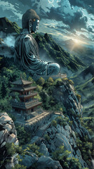 Large Buddha statue towers over moutains and valleys in comic book or graphic novel style 