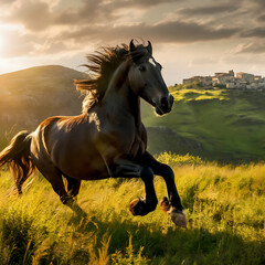 Obraz na płótnie Canvas horse running in the field on sunny day, AI Generative
