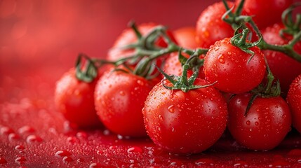 Ripe red tomatoes hang fresh from a green vine - obrazy, fototapety, plakaty