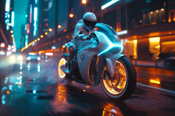 Biker on a futuristic motorcycle rides through the streets of a night city - obrazy, fototapety, plakaty