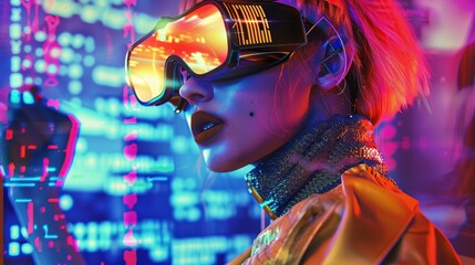 Vibrant colorful illustration of beautiful girl wearing virtual reality glasses with neon futuristic lights on background