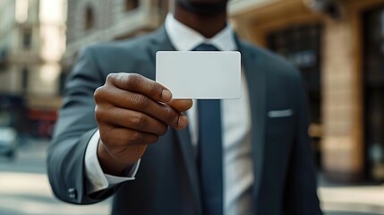 A man dressed in a neat suit holding a white business card in his hand. Close-up shot of business background.