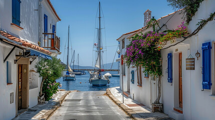 Fototapeta na wymiar A coastal street with whitewashed houses, blue shutters, and sailboats bobbing in the harbor.