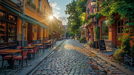 A cobbled street with charming cafes spilling out onto the sidewalk. - Powered by Adobe