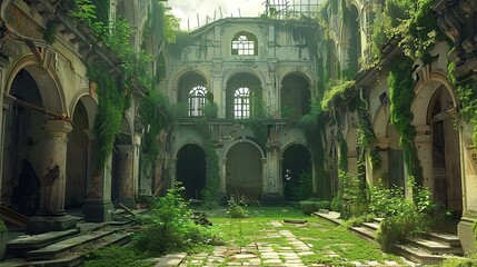The abandoned old castle was overgrown with moss, plants and vines. The atrium hall is empty, uninhabited. The atmosphere of mystique and horror is very pronounced. 3d Illustration
