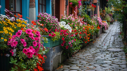 A cobblestone street lined with colorful flower boxes overflowing with blooms.