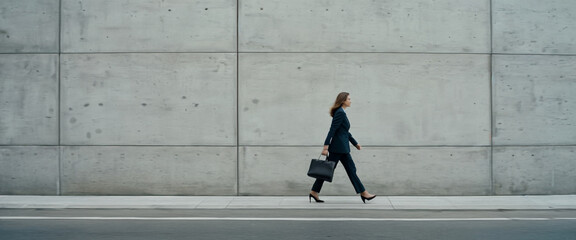 A business person, a businesswoman walks on the background of a concrete gray wall, blurred in motion. The concept of the modern fast pace of life
