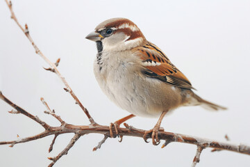 A sparrow chirps, perched on a twig