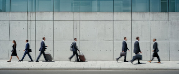 Business people, businessmen and businesswomen are walking on the background of a concrete gray wall, blurred in motion. The concept of the modern fast pace of life