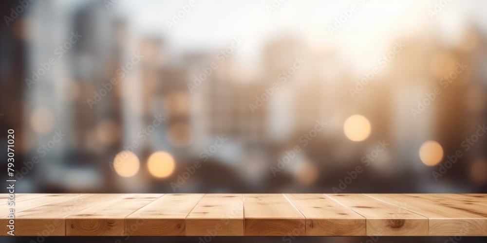 Poster the empty wooden table top with blur background of empty room . exuberant image. generative ai