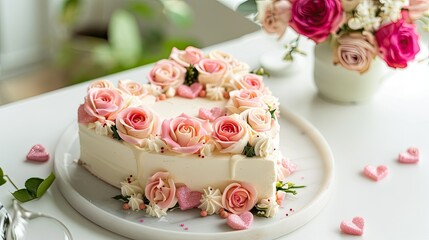 A heart shaped cake adorned with delicate roses and sweet pink sugar hearts perfect for celebrating St Valentine s Day Mother s Day or a special birthday displayed elegantly on a white tabl
