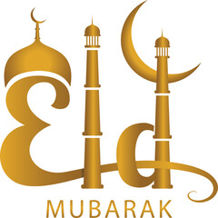 Eid Logo Text in English Golden Color with Moon, Dome and Masjid Minarate.